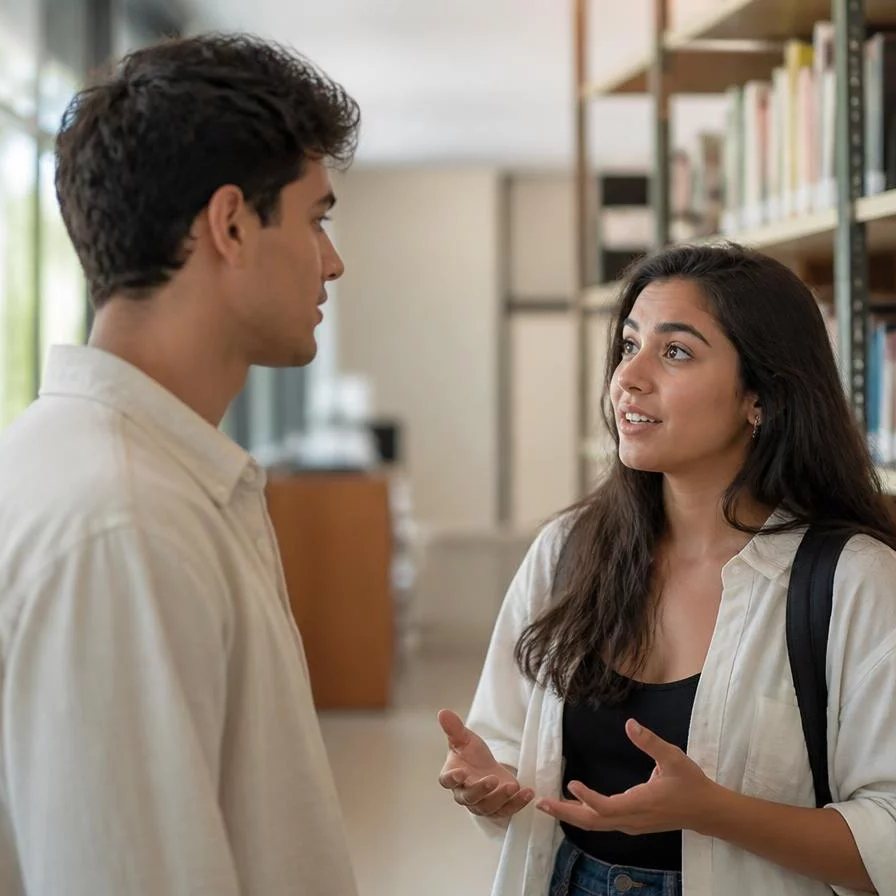 Dois participantes sentados frente a frente durante uma rodada de resposta, na sala da escola em Rio de Janeiro