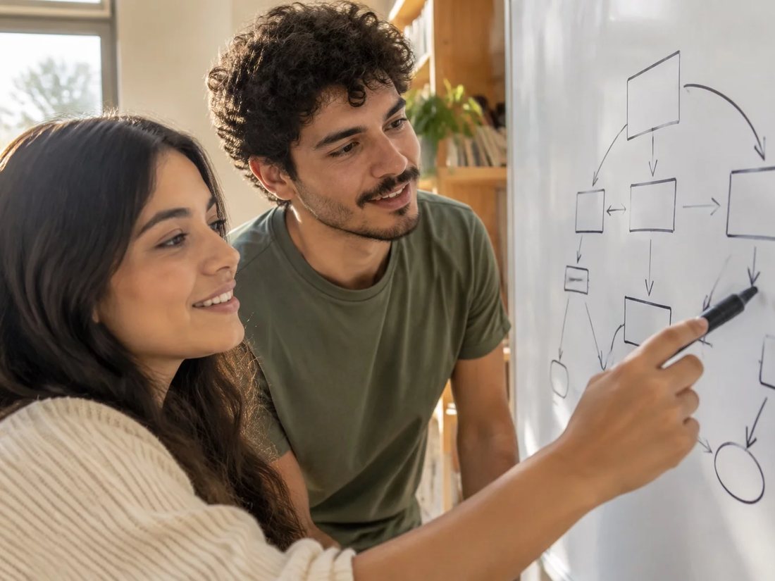 Dois alunos em pé diante do quadro branco, desenhando a ordem de um argumento